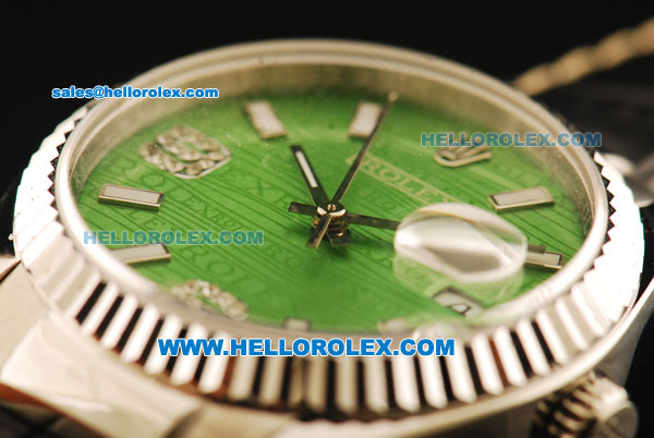 Rolex Datejust Automatic with Green Dial and ETA case-White Bezel-Diamond Marking-Small Calendar-Black Leather Strap - Click Image to Close